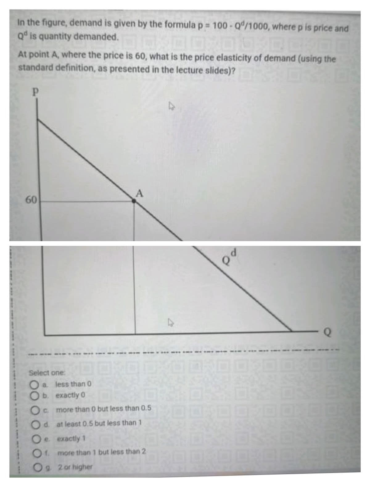 In the figure, demand is given by the formula p = 100-Qº/1000, where p is price and
Q is quantity demanded. 00:00-00:00
At point A, where the price is 60, what is the price elasticity of demand (using the
standard definition, as presented in the lecture slides)?
P
60
Select one:
0 0
a. less than 0
b. exactly 0
A
Oc c. more than 0 but less than 0.5
O d.
at least 0.5 but less than 1
Oe exactly 1
Of more than 1 but less than 2
Og. 2 or higher
to
27
Q
so
0
Q
OXO ORO 0X00/00;