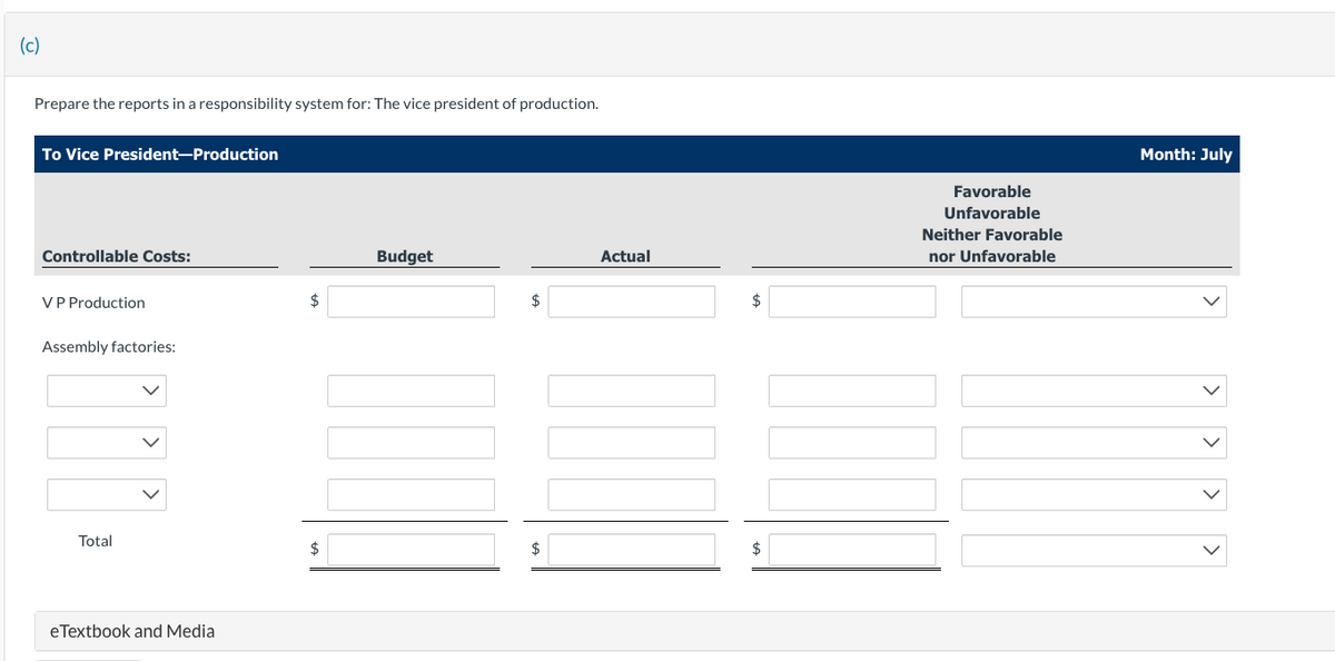 (c)
Prepare the reports in a responsibility system for: The vice president of production.
To Vice President-Production
Controllable Costs:
VP Production
Assembly factories:
Total
eTextbook and Media
$
$
Budget
$
$
Actual
$
$
Favorable
Unfavorable
Neither Favorable
nor Unfavorable
Month: July