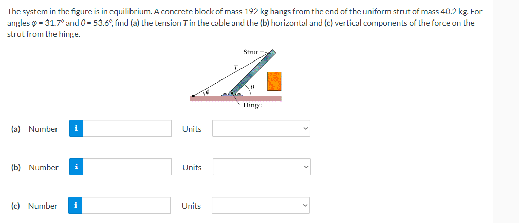 The system in the figure is in equilibrium. A concrete block of mass 192 kg hangs from the end of the uniform strut of mass 40.2 kg. For
angles = 31.7° and 9 = 53.6%, find (a) the tension T in the cable and the (b) horizontal and (c) vertical components of the force on the
strut from the hinge.
Strut
Az
-Hinge
(a) Number i
Units
(b) Number i
Units
(c) Number
i
Units