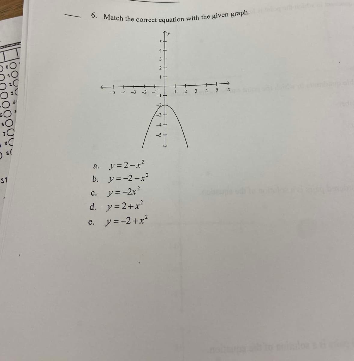 OOO
boo
59
31
-
6. Match the correct equation with the given graph.
-3
a. y = 2-x²
b. y=-2-x²
c. y = -2x²
d. y=2+x²
e.
y = -2+x²
3
2
1
-1
-3
1
2
3
4
5
nopeu
X