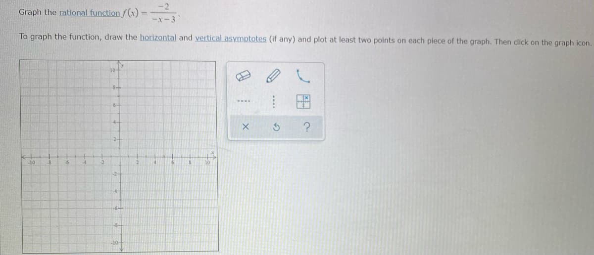 Graph the rational function f(1)
To graph the function, draw the horizontal and vertical asymptotes (if any) and plot at least two points on each piece of the graph. Then click on the graph icon.
10-
-10
