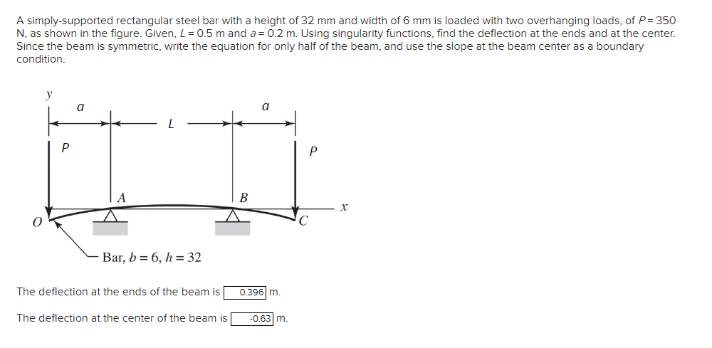 A simply-supported rectangular steel bar with a height of 32 mm and width of 6 mm is loaded with two overhanging loads, of P= 350
N, as shown in the figure. Given, L= 0.5 m and a = 0.2 m. Using singularity functions, find the deflection at the ends and at the center.
Since the beam is symmetric, write the equation for only half of the beam, and use the slope at the beam center as a boundary
condition.
O
y
P
a
Bar, b = 6, h = 32
The deflection at the ends of the beam is
The deflection at the center of the beam is
B
a
0.396 m.
-0.63 m.
P