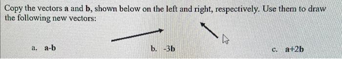 Copy the vectors a and b, shown below on the left and right, respectively. Use them to draw
the following new vectors:
a. a-b
b. -3b
c. a+2b