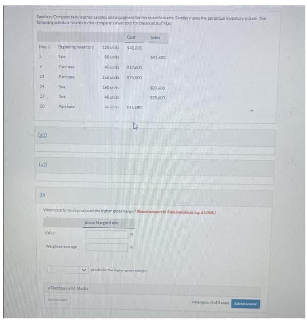 Saddlery Company sells leather saddles and equipment for horse enthusiasts. Saddlery uses the perpetual inventory system. The
following schedule relates to the company's inventory for the month of May
May 1
5
D
9
13
24
27
30
(21)
(a2)
(b)
Beginning inventory
FIFO
Sale
Purchase
Purchase
Sale
Sale
Purchase
Weighted average
eTextbook and Media
Savo
120 units
80 units
40 units
Cost
$48,000
$17,600
$76,800
160 units
160 units
40 units
60 units $31,680
Which cost formula produced the higher gross margin? (Round ons
Gross Margin Ratio
1%
Sales
produces the higher gross margin
$41.600
$89,600
$25,600
ecimal places, eg 61.05%)
Attempts 0 of 3 used Submit Anwer