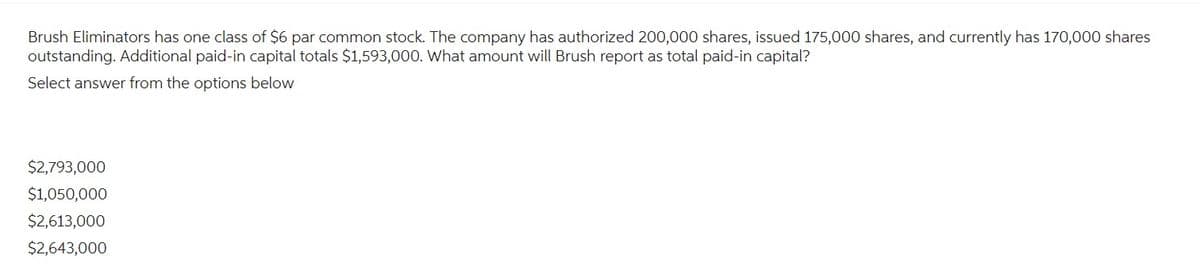 Brush Eliminators has one class of $6 par common stock. The company has authorized 200,000 shares, issued 175,000 shares, and currently has 170,000 shares
outstanding. Additional paid-in capital totals $1,593,000. What amount will Brush report as total paid-in capital?
Select answer from the options below
$2,793,000
$1,050,000
$2,613,000
$2,643,000