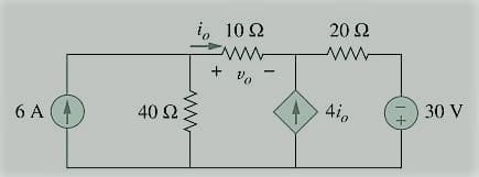 i, 10 2
ww
+ vo
20 2
ww
40 Ω
4i0
30 V
6 A
