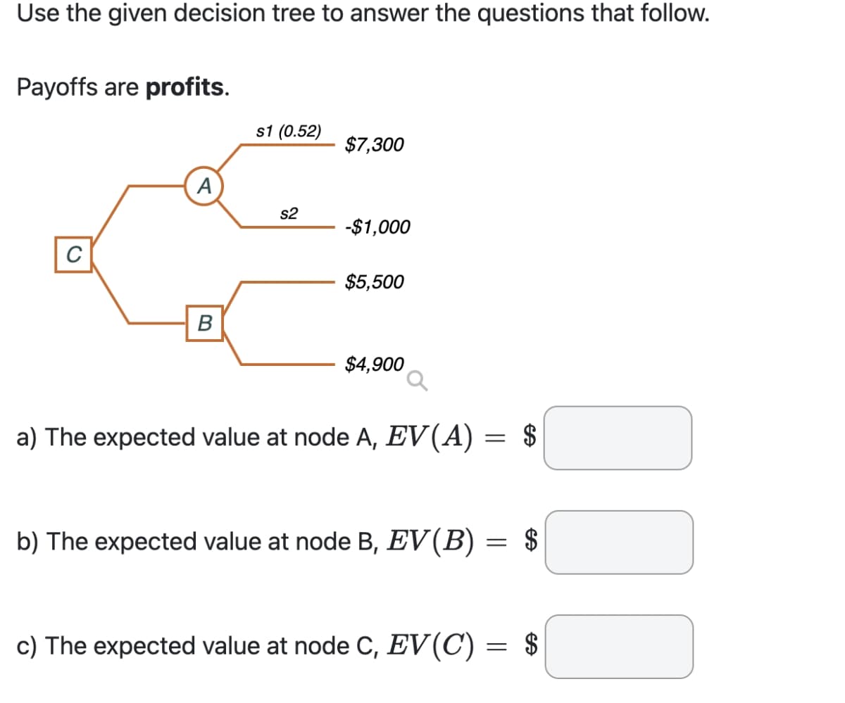 Use the given decision tree to answer the questions that follow.
Payoffs are profits.
C
A
B
s1 (0.52)
s2
$7,300
-$1,000
$5,500
$4,900
a) The expected value at node A, EV (A)
=
EA
000
$
b) The expected value at node B, EV(B) = $
c) The expected value at node C, EV(C) = $