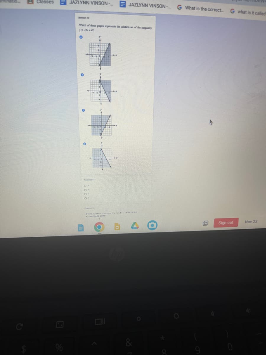 Classes
%
JAZLYNN VINSON-...
Qon 14
Which of these graphs represents the solution set of the inequality
75-2x447
OR
O
JAZLYNN VINSON-...
Cantee 15
Whihain sepsente dish th
accompaying 200
6
✔
G What is the correct..... G what is it called
K
Sign out
Nov 23