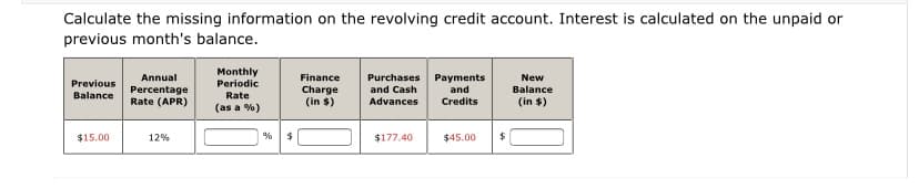 Calculate the missing information on the revolving credit account. Interest is calculated on the unpaid or
previous month's balance.
Monthly
Periodic
Purchases Payments
and Cash
Advances
Annual
Finance
New
Previous
Balance
Percentage
Rate (APR)
Charge
(in $)
and
Balance
Rate
Credits
(in $)
(as a %)
$15.00
12%
%
$177.40
$45.00
