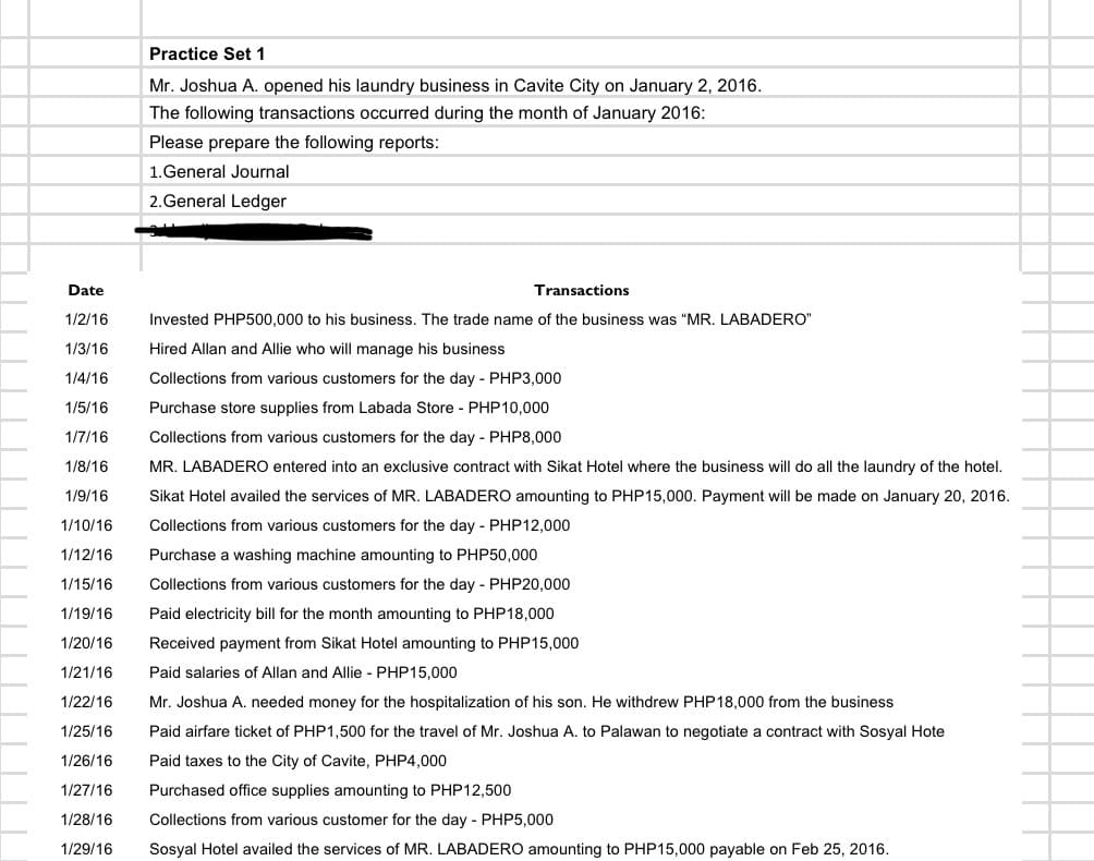 Practice Set 1
Mr. Joshua A. opened his laundry business in Cavite City on January 2, 2016.
The following transactions occurred during the month of January 2016:
Please prepare the following reports:
1.General Journal
2.General Ledger
Date
Transactions
1/2/16
Invested PHP500,000 to his business. The trade name of the business was "MR. LABADERO"
1/3/16
Hired Allan and Allie who will manage his business
1/4/16
Collections from various customers for the day - PHP3,000
1/5/16
Purchase store supplies from Labada Store - PHP10,000
1/7/16
Collections from various customers for the day - PHP8,000
1/8/16
MR. LABADERO entered into an exclusive contract with Sikat Hotel where the business will do all the laundry of the hotel.
1/9/16
Sikat Hotel availed the services of MR. LABADERO amounting to PHP15,000. Payment will be made on January 20, 2016.
1/10/16
Collections from various customers for the day - PHP12,000
1/12/16
Purchase a washing machine amounting to PHP50,000
1/15/16
Collections from various customers for the day - PHP20,000
1/19/16
Paid electricity bill for the month amounting to PHP18,000
1/20/16
Received payment from Sikat Hotel amounting to PHP15,000
1/21/16
Paid salaries of Allan and Allie - PHP15,000
1/22/16
Mr. Joshua A. needed money for the hospitalization of his son. He withdrew PHP18,000 from the business
1/25/16
Paid airfare ticket of PHP1,500 for the travel of Mr. Joshua A. to Palawan to negotiate a contract with Sosyal Hote
1/26/16
Paid taxes to the City of Cavite, PHP4,000
1/27/16
Purchased office supplies amounting to PHP12,500
1/28/16
Collections from various customer for the day - PHP5,000
1/29/16
Sosyal Hotel availed the services of MR. LABADERO amounting to PHP15,000 payable on Feb 25, 2016.
