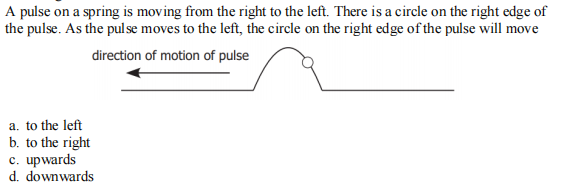 A pulse on a spring is moving from the right to the left. There is a circle on the right edge of
the pulse. As the pulse moves to the left, the circle on the right edge of the pulse will move
direction of motion of pulse
a.
to the left
b. to the right
c. upwards
d. downwards