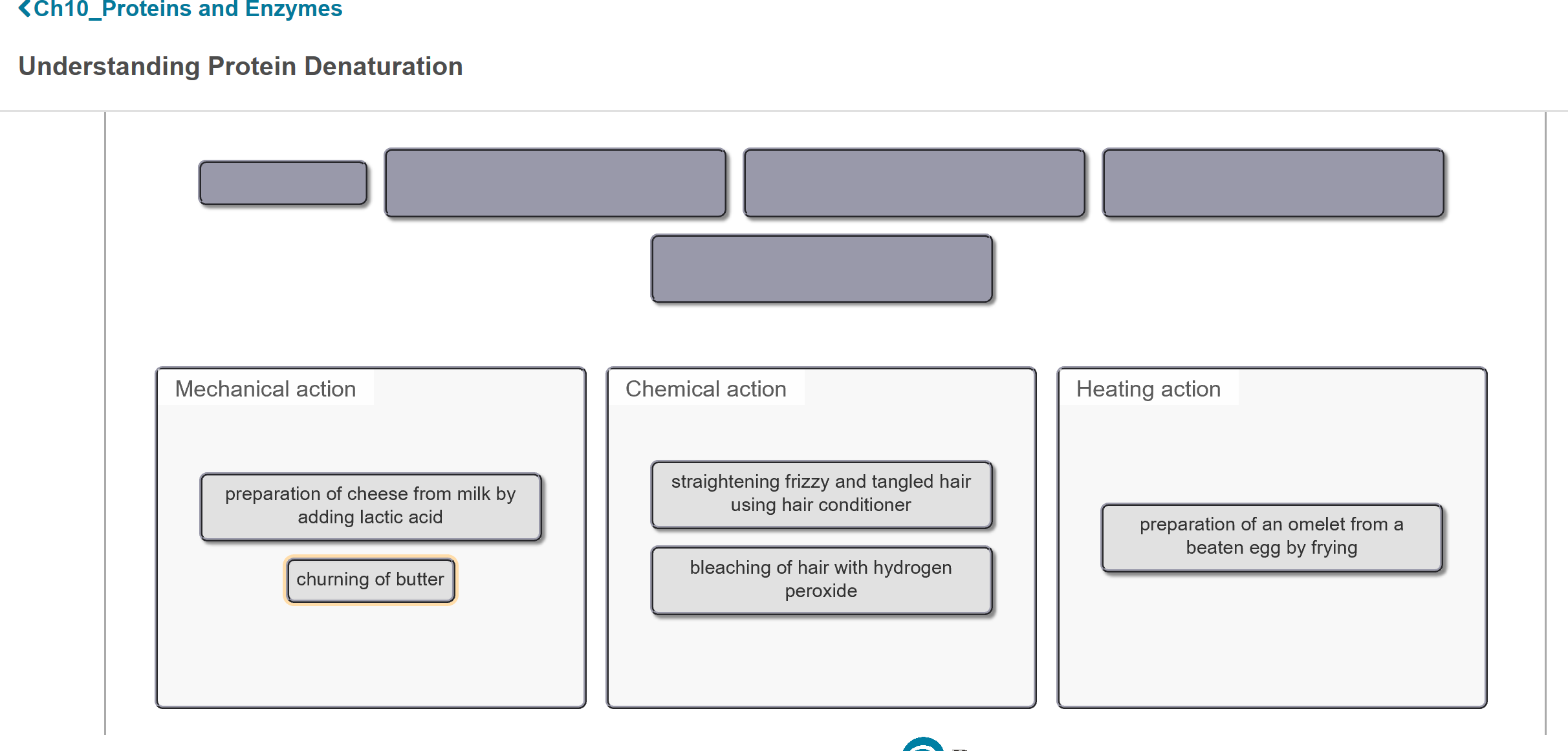 <Ch10_Proteins and Enzymes
Understanding Protein Denaturation
Mechanical action
Chemical action
Heating action
preparation of cheese from milk by
adding lactic acid
straightening frizzy and tangled hair
using hair conditioner
preparation of an omelet from a
beaten egg by frying
bleaching of hair with hydrogen
peroxide
churning of butter
