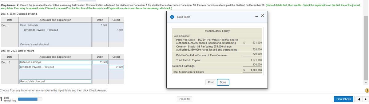 Requirement 2. Record the journal entries for 2024, assuming that Eastern Communications declared the dividend on December 1 for stockholders of record on December 10. Eastern Communications paid the dividend on December 20. (Record debits first, then credits. Select the explanation on the last line of the journal
entry table. If no entry is required, select "No entry required" on the first line of the Accounts and Explanation column and leave the remaining cells blank.)
Dec. 1, 2024: Declared dividend.
- X
Data Table
Date
Accounts and Explanation
Debit
Credit
Dec. 1
Cash Dividends
7,240
Dividends Payable-Preferred
7,240
Stockholders' Equity
Paid-In Capital:
Preferred Stock-4%, $11 Par Value; 150,000 shares
authorized, 21,000 shares issued and outstanding
$
231,000
Declared a cash dividend.
Common Stock-$2 Par Value; 575,000 shares
authorized, 360,000 shares issued and outstanding
720,000
Dec. 10, 2024: Date of record.
720,000
Paid-In Capital in Excess of Par-Common
Date
Accounts and Explanation
Debit
Credit
Total Paid-In Capital
1,671,000
Dec. 10
Retained Earnings
11240
130,000
Dividends Payable-Preferred
51000
Retained Earnings
$
1,801,000
Total Stockholders' Equity
Record date of record.
Print
Done
Choose from any list or enter any number in the input fields and then click Check Answer.
part
remaining
Clear All
Final Check
