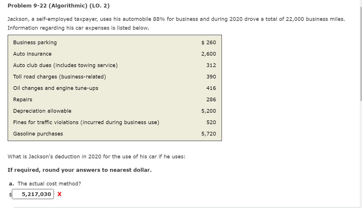 Problem 9-22 (Algorithmic) (LO. 2)
Jackson, a self-employed taxpayer, uses his automobile 88% for business and during 2020 drove a total of 22,000 business miles.
Information regarding his car expenses is listed below.
Business parking
$ 260
Auto insurance
2,600
Auto club dues (includes towing service)
312
Toll road charges (business-related)
390
Oil changes and engine tune-ups
416
Repairs
286
Depreciation allowable
5,200
Fines for traffic violations (incurred during business use)
520
Gasoline purchases
5,720
What is Jackson's deduction in 2020 for the use of his car if he uses:
If required, round your answers to nearest dollar.
a. The actual cost method?
5,217,030 X
