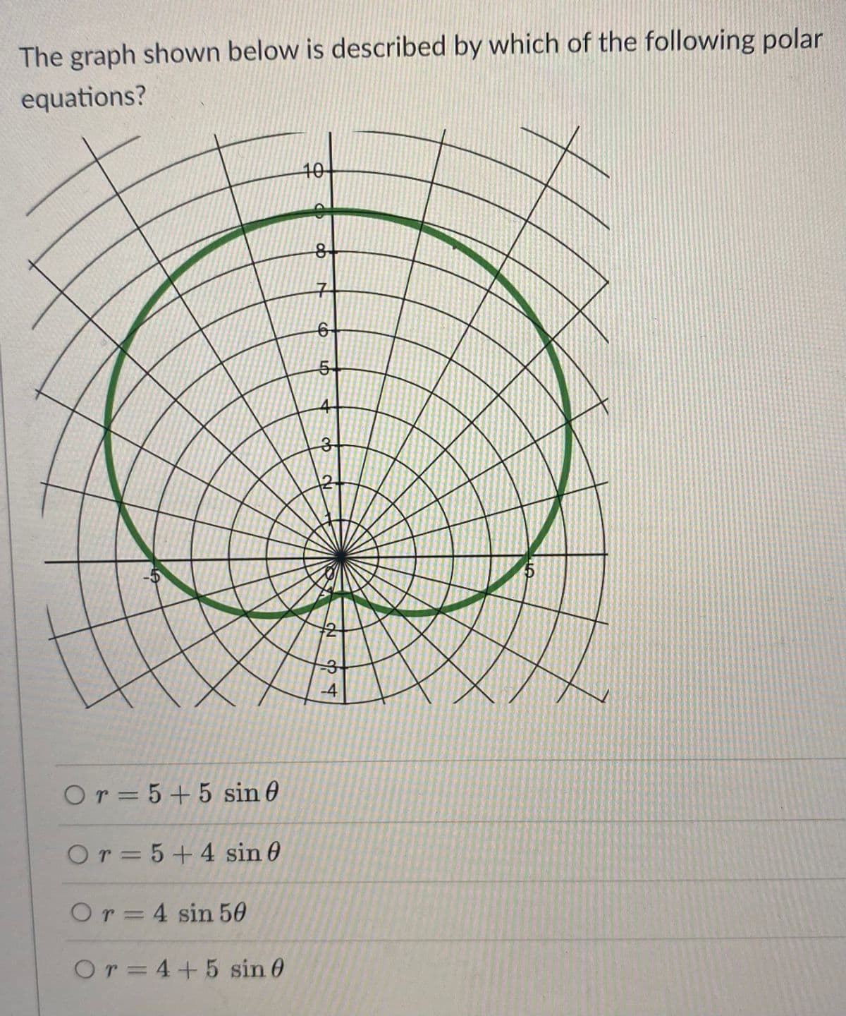 The graph shown below is described by which of the following polar
equations?
10
5-
3-
-4
Or= 5+5 sin 0
Or=5+4 sin 0
Or=4 sin 50
Or=4+5 sin 0
NO
