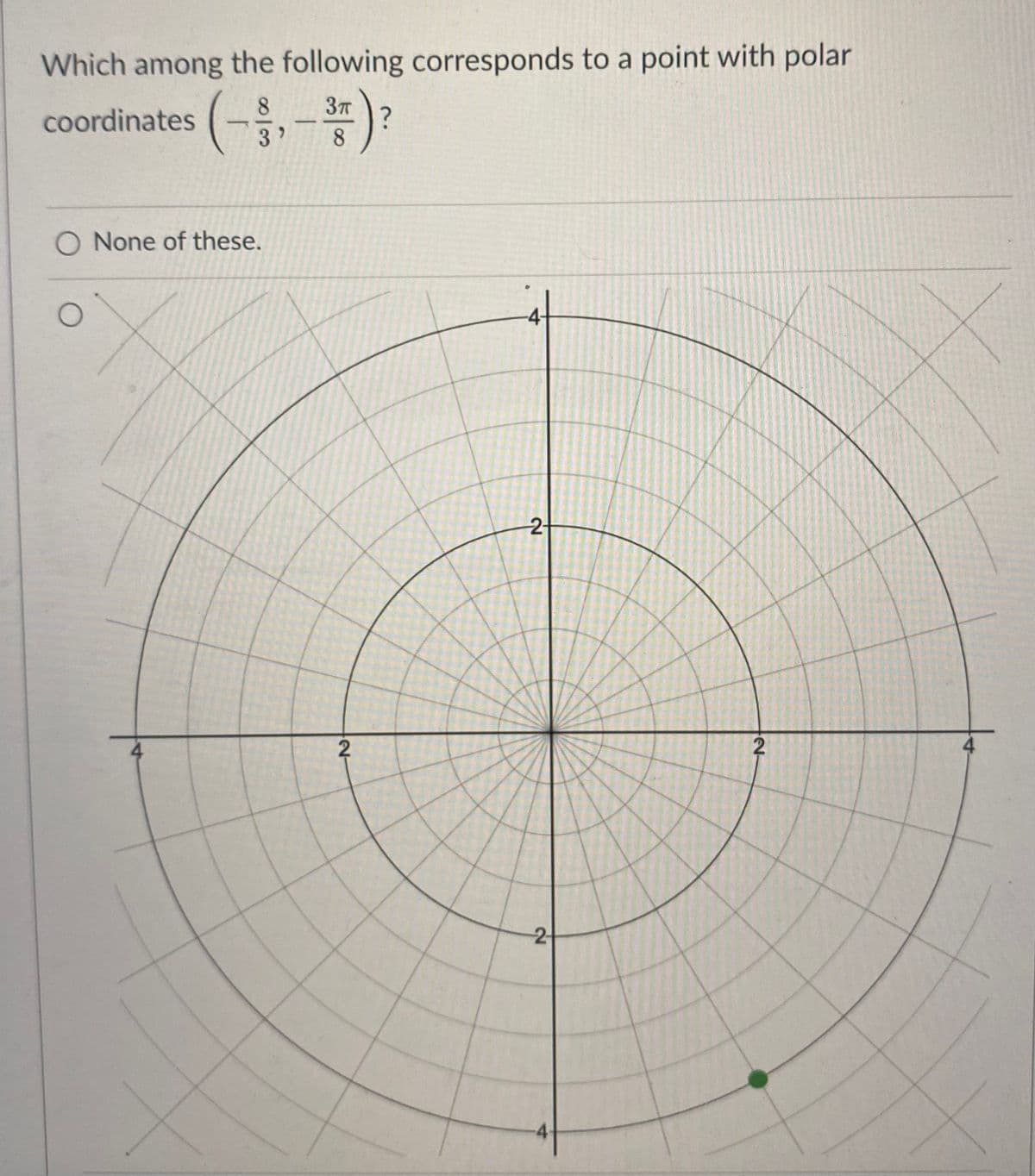 Which among the following corresponds to a point with polar
(--):
coordinates
8.
O None of these.
-4-
2-
4
2
2
4
2-
-4-
