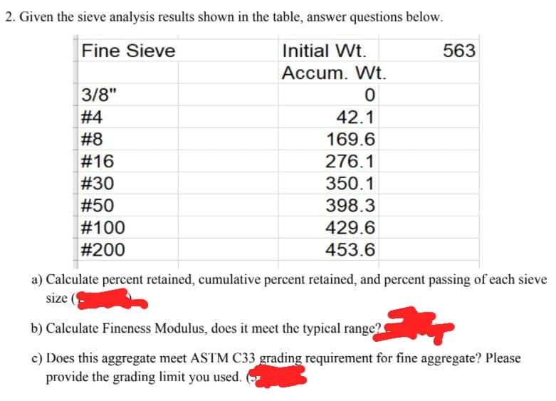 2. Given the sieve analysis results shown in the table, answer questions below.
Fine Sieve
Initial Wt.
563
Accum. Wt.
3/8"
#4
42.1
#8
169.6
#16
276.1
#30
350.1
#50
398.3
#100
429.6
#200
453.6
a) Calculate percent retained, cumulative percent retained, and percent passing of each sieve
size
b) Calculate Fineness Modulus, does it meet the typical range?
c) Does this aggregate meet ASTM C33 grading requirement for fine aggregate? Please
provide the grading limit you used. (
