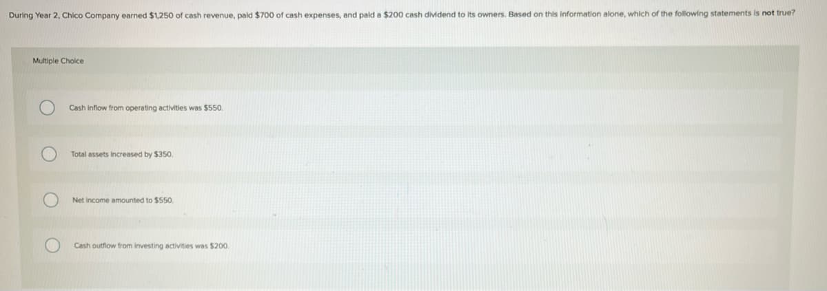 During Year 2, Chico Company earned $1,250 of cash revenue, paid $700 of cash expenses, and paid a $200 cash dividend to its owners. Based on this information alone, which of the following statements is not true?
Multiple Choice
Cash inflow from operating activities was $550.
Total assets increased by $350.
Net income amounted to $550.
Cash outflow from investing activities was $200.