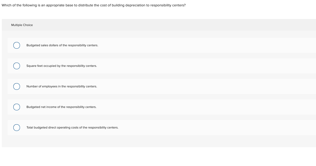 Which of the following is an appropriate base to distribute the cost of building depreciation to responsibility centers?
Multiple Choice
Budgeted sales dollars of the responsibility centers.
Square feet occupied by the responsibility centers.
Number of employees in the responsibility centers.
Budgeted net income of the responsibility centers.
Total budgeted direct operating costs of the responsibility centers.