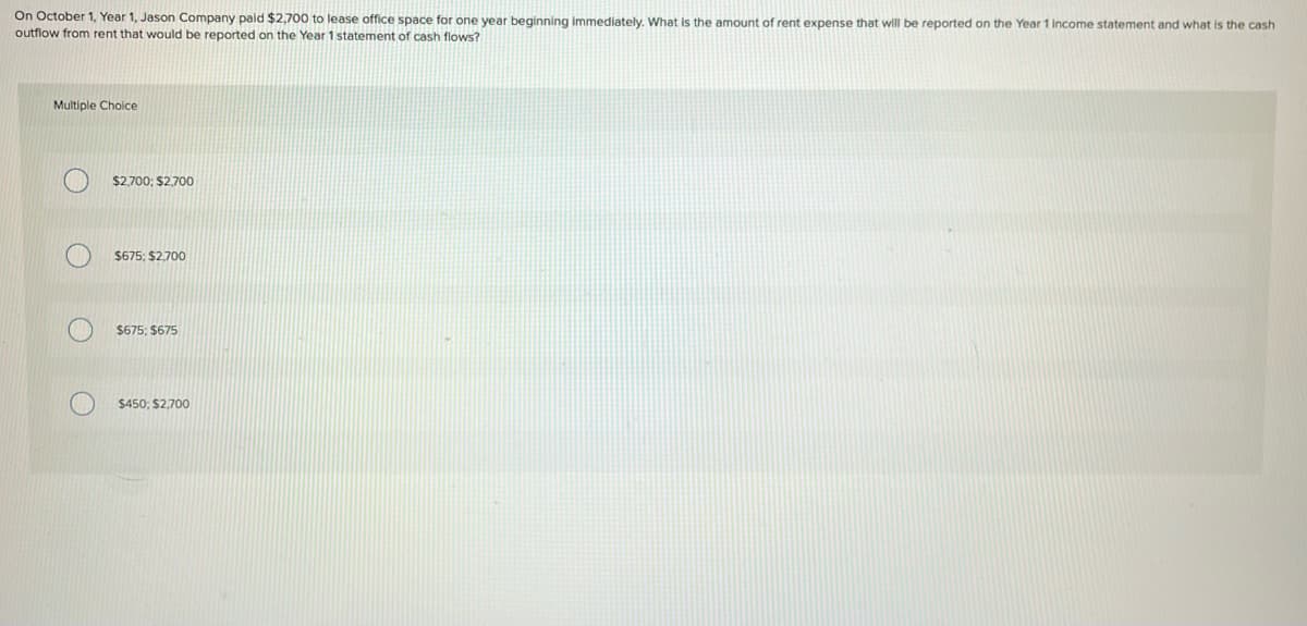 On October 1, Year 1, Jason Company paid $2,700 to lease office space for one year beginning immediately. What is the amount of rent expense that will be reported on the Year 1 income statement and what is the cash
outflow from rent that would be reported on the Year 1 statement of cash flows?
Multiple Choice
$2,700; $2,700
$675; $2,700
$675; $675
$450; $2,700