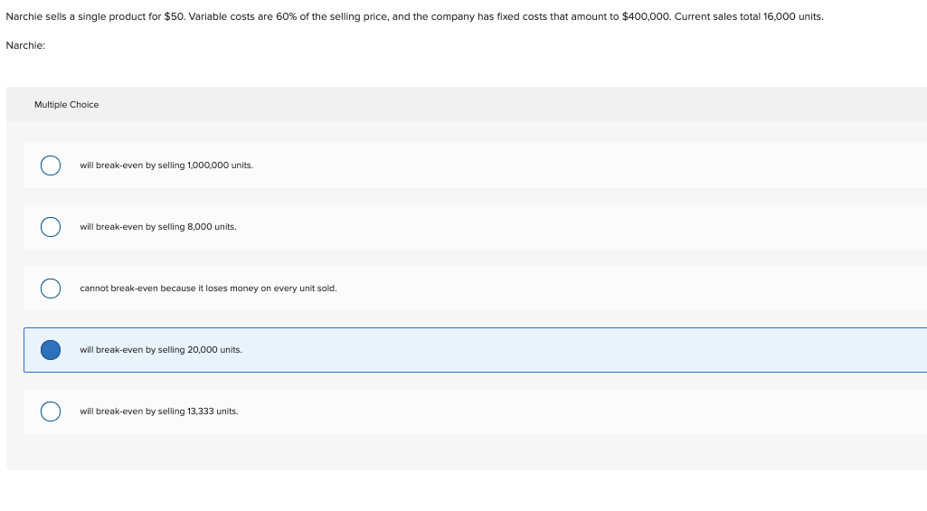 Narchie sells a single product for $50. Variable costs are 60% of the selling price, and the company has fixed costs that amount to $400,000. Current sales total 16,000 units.
Narchie:
Multiple Choice
will break-even by selling 1,000,000 units.
will break-even by selling 8,000 units.
cannot break-even because it loses money on every unit sold.
will break-even by selling 20,000 units.
will break-even by selling 13,333 units.