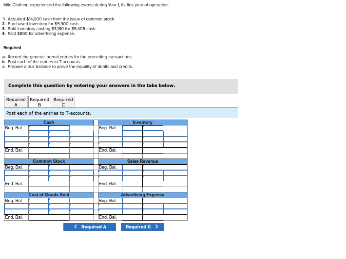 Milo Clothing experienced the following events during Year 1, its first year of operation:
1. Acquired $14,000 cash from the issue of common stock.
2. Purchased Inventory for $5,300 cash.
3. Sold Inventory costing $3,180 for $5,406 cash.
4. Paid $800 for advertising expense.
Required
a. Record the general journal entries for the preceding transactions.
b. Post each of the entries to T-accounts.
c. Prepare a trial balance to prove the equality of debits and credits.
Complete this question by entering your answers in the tabs below.
Required Required Required
A
B
с
Post each of the entries to T-accounts.
Cash
Beg. Bal.
End. Bal.
Beg. Bal
End. Bal.
Beg. Bal.
End. Bal.
Common Stock
Cost of Goods Sold
Beg. Bal.
End. Bal.
Beg. Bal.
End. Bal.
Beg. Bal.
End. Bal.
< Required A
Inventory
Sales Revenue
Advertising Expense
Required C >