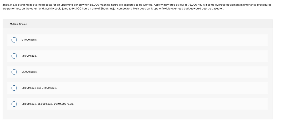Zhou, Inc. is planning its overhead costs for an upcoming period when 85,000 machine hours are expected to be worked. Activity may drop as low as 78,000 hours if some overdue equipment maintenance procedures
are performed; on the other hand, activity could jump 94,000 hours if one of Zhou's major competitors likely goes bankrupt. flexible overhead budget would best be based on:
Multiple Choice
94,000 hours.
78.000 hours.
85,000 hours.
78,000 hours and 94,000 hours.
78,000 hours, 85,000 hours, and 94,000 hours.