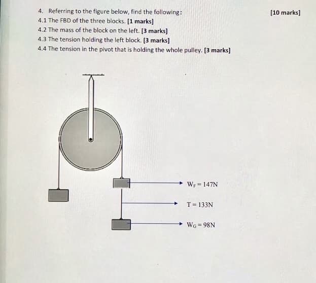 4. Referring to the figure below, find the following:
4.1 The FBD of the three blocks. [1 marks)
4.2 The mass of the block on the left. [3 marks)
[10 marks]
4.3 The tension holding the left block. [3 marks]
4.4 The tension in the pivot that is holding the whole pulley. [3 marks)
WF = 147N
T = 133N
WG = 98N
