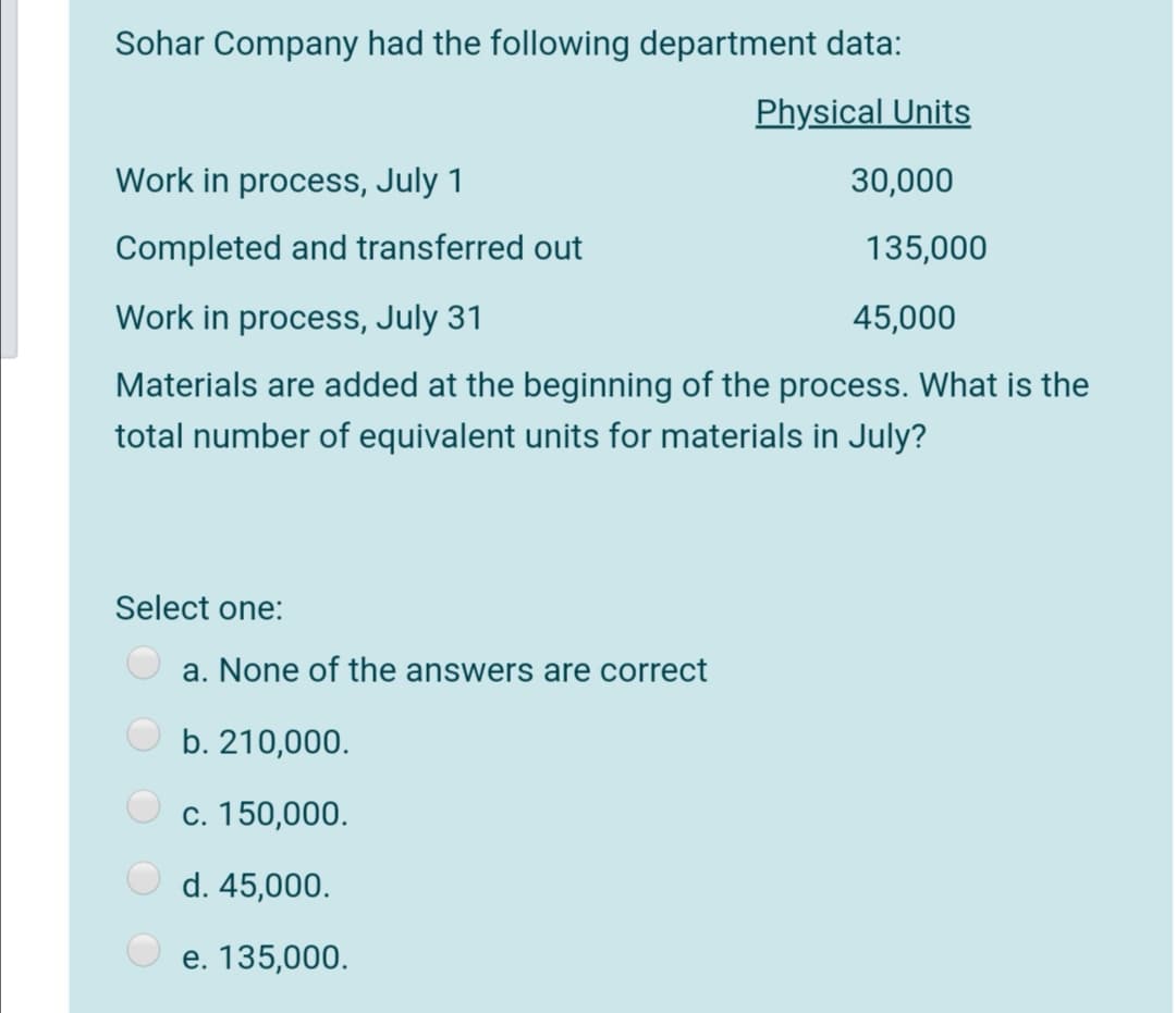 Sohar Company had the following department data:
Physical Units
Work in process, July 1
30,000
Completed and transferred out
135,000
Work in process, July 31
45,000
Materials are added at the beginning of the process. What is the
total number of equivalent units for materials in July?
Select one:
a. None of the answers are correct
b. 210,000.
O c. 150,000.
d. 45,000.
e. 135,000.
