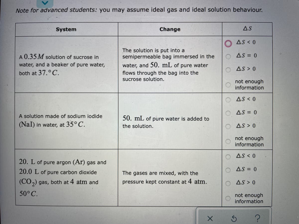 Note for advanced students: you may assume ideal gas and ideal solution behaviour.
System
Change
AS
AS < 0
The solution is put into a
semipermeable bag immersed in the
A 0.35M solution of sucrose in
AS = 0
water, and a beaker of pure water,
water, and 50. mL of pure water
flows through the bag into the
sucrose solution.
AS > 0
both at 37.°C.
not enough
information
AS < 0
O AS = 0
A solution made of sodium iodide
50. mL of pure water is added to
(Nal) in water, at 35° C.
AS > 0
the solution.
not enough
information
AS < 0
20. L of pure argon (Ar) gas and
AS = 0
20.0 L of pure carbon dioxide
The gases are mixed, with the
(CO,) gas, both at 4 atm and
pressure kept constant at 4 atm.
AS > 0
50° C.
not enough
information
