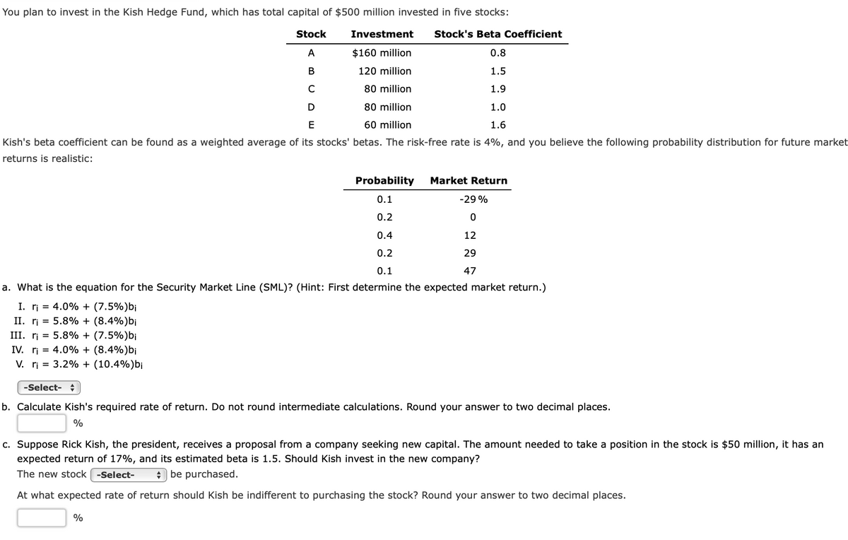 You plan to invest in the Kish Hedge Fund, which has total capital of $500 million invested in five stocks:
Stock
Investment
Stock's Beta Coefficient
A
$160 million
0.8
В
120 million
1.5
80 million
1.9
80 million
1.0
E
60 million
1.6
Kish's beta coefficient can be found as a weighted average of its stocks' betas. The risk-free rate is 4%, and you believe the following probability distribution for future market
returns is realistic:
Probability
Market Return
0.1
-29 %
0.2
0.4
12
0.2
29
0.1
47
a. What is the equation for the Security Market Line (SML)? (Hint: First determine the expected market return.)
I. ri = 4.0% + (7.5%)bj
II. ri = 5.8% + (8.4%)b¡
III. ri = 5.8% + (7.5%)b¡
IV. ri = 4.0% + (8.4%)b¡
V. ri = 3.2% + (10.4%)b¡
-Select- +
b. Calculate Kish's required rate of return. Do not round intermediate calculations. Round your answer to two decimal places.
%
c. Suppose Rick Kish, the president, receives a proposal from a company seeking new capital. The amount needed to take a position in the stock is $50 million, it has an
expected return of 17%, and its estimated beta is 1.5. Should Kish invest in the new company?
The new stock -Select-
+) be purchased.
At what expected rate of return should Kish be indifferent to purchasing the stock? Round your answer to two decimal places.
%
