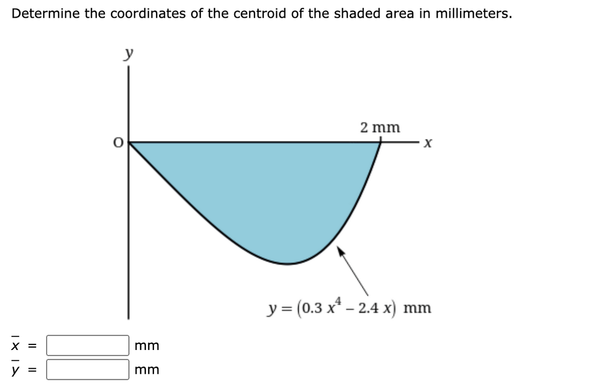 Determine the coordinates of the centroid of the shaded area in millimeters.
y
2 mm
у 3 (0.3 х* - 2.4 х) mm
X =
mm
mm
I| ||
