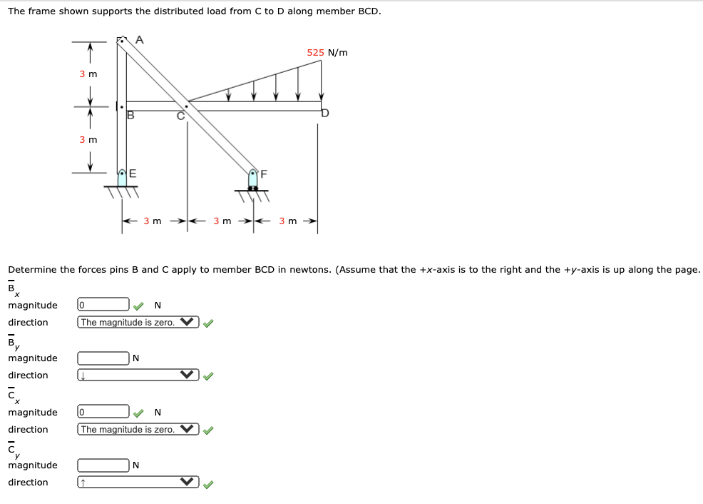 The frame shown supports the distributed load from C to D along member BCD.
A
525 N/m
3 m
3 m
3 m
3 m
3 m
Determine the forces pins B and C apply to member BCD in newtons. (Assume that the +x-axis is to the right and the +y-axis is up along the page.
magnitude
direction
The magnitude is zero.
magnitude
direction
magnitude
direction
(The magnitude is zero. V)
magnitude
direction
