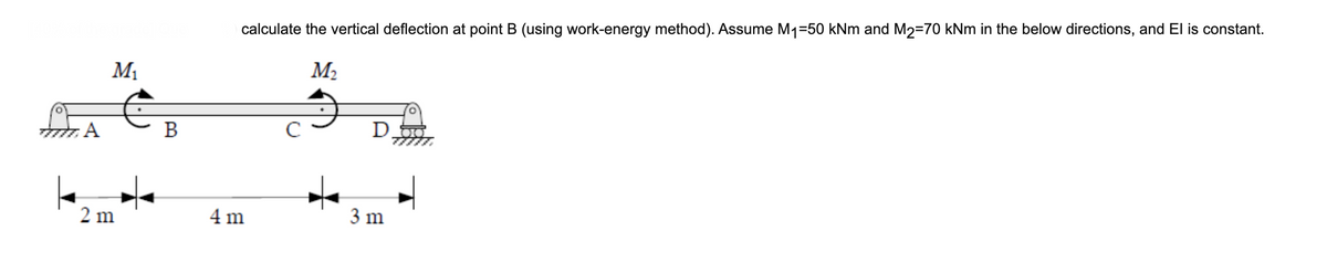 calculate the vertical deflection at point B (using work-energy method). Assume M1=50 kNm and M2=70 kNm in the below directions, and El is constant.
M1
M2
A
В
2 m
4 m
3 m
