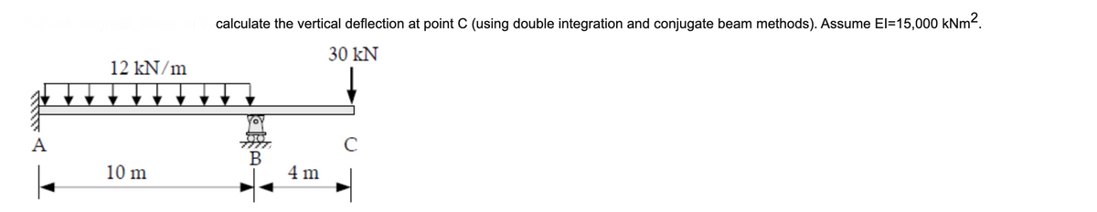 calculate the vertical deflection at point C (using double integration and conjugate beam methods). Assume El=15,000 kNm.
30 kN
12 kN/m
A
C
В
4 m
10 m
