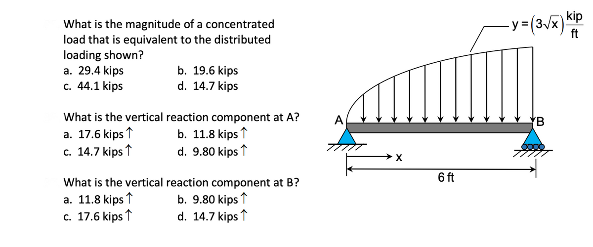 kip
= (3/x)
ft
What is the magnitude of a concentrated
load that is equivalent to the distributed
loading shown?
а. 29.4 kips
с. 44.1 kips
y
b. 19.6 kips
d. 14.7 kips
What is the vertical reaction component at A?
A
B
b. 11.8 kips ↑
d. 9.80 kips ↑
a. 17.6 kips ↑
с. 14.7 kipsT
What is the vertical reaction component at B?
6 ft
а. 11.8 kips T
c. 17.6 kips ↑
b. 9.80 kips ↑
d. 14.7 kips ↑
