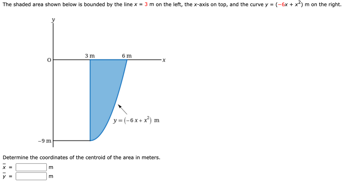 The shaded area shown below is bounded by the line x = 3 m on the left, the x-axis on top, and the curve y = (-6x + x²) m on the right.
3 m
6 m
y = (-6 x+ x) m
-9 m
Determine the coordinates of the centroid of the area in meters.
X =
E E
