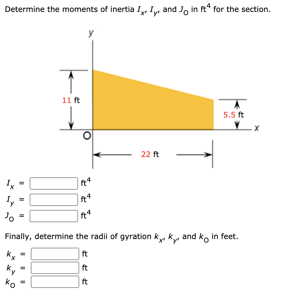 Determine the moments of inertia I, I, and Jo in ft* for the section.
X' y'
y
11 ft
5.5 ft
22 ft
ft4
Ix
ft4
%D
ft4
Finally, determine the radii of gyration ky, ky and ko in feet.
ft
ky
ft
Ky
Ко
ft
II
II
