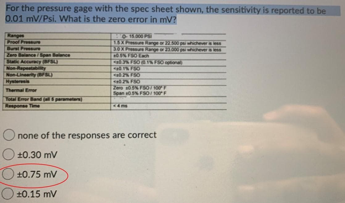 For the pressure gage with the spec sheet shown, the sensitivity is reported to be
0.01 mV/Psi. What is the zero error in mV?
Ranges
Proof Pressure
Burst Pressure
Zero Balance / Span Balance
Static Accuracy (BFSL)
Non-Repeatability
Non-Linearity (BFSL)
Hysteresis
O-15.000 PSi
1.5X Pressure Range or 22.500 psi whichever is less
3.0X Pressure Range or 23.000 psi whichever is less
10.5% FSO Each
<10.3% FSO (0.1% FSO optional)
<10.1% FSO
<10 2% FSO
<10.2% FSO
Zero 10.5% FSỐ / 100* F
Span 10.5% FSO/ 100 F
Thermal Error
Total Error Band (all 5 parameters)
Response Time
4 ms
none of the responses are correct
+0.30 mV
+0.75 mV
±0.15 mV
