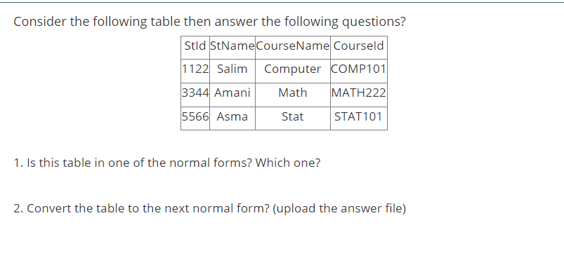 Consider the following table then answer the following questions?
Stld StNameCourseName Courseld
1122 Salim Computer COMP101
3344 Amani
Math
MATH222
5566 Asma
Stat
STAT101
1. Is this table in one of the normal forms? Which one?
2. Convert the table to the next normal form? (upload the answer file)
