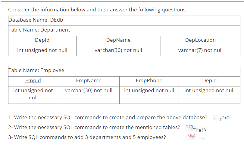 Consider the information below and then answer the following questions.
Database Name: DEdb
Table Name: Department
Depld
DepName
DepLocation
int unsigned not null
varchar(30) not null
varchar(7) not null
Table Name: Employee
Empld
EmpName
EmpPhone
Depld
int unsigned not
null
varchar(30) not null
int unsigned not null
int unsigned not null
1- Write the necessary SQL commands to create and prepare the above database? - aic
2- Write the necessary SQL commands to create the mentioned tables? 9m
3- Write SQL commands to add 3 departments and 5 employees?
Qu
