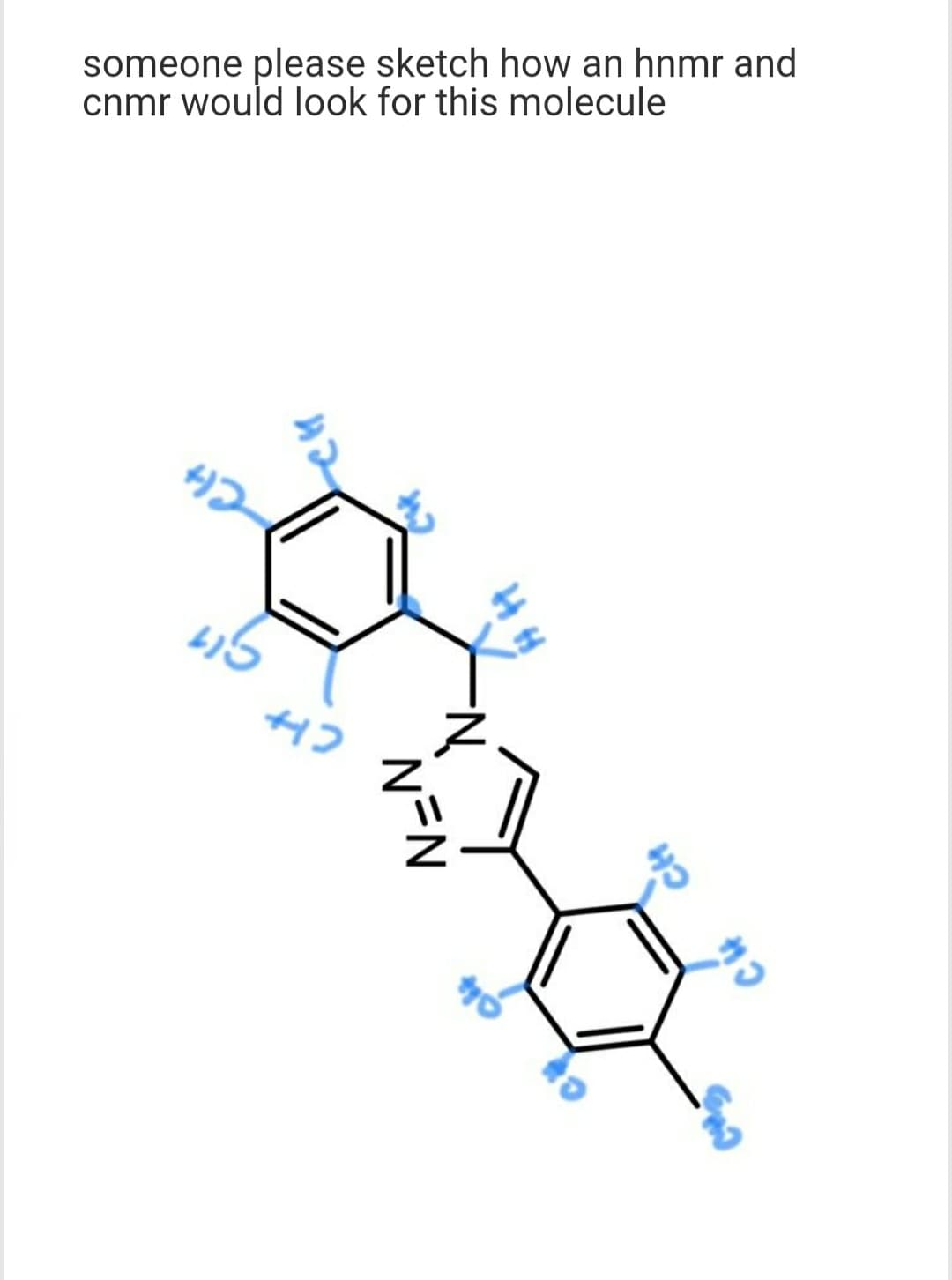 someone please sketch how an hnmr and
cnmr would look for this molecule
+12
N=N
•N₂
tro
CH
CH