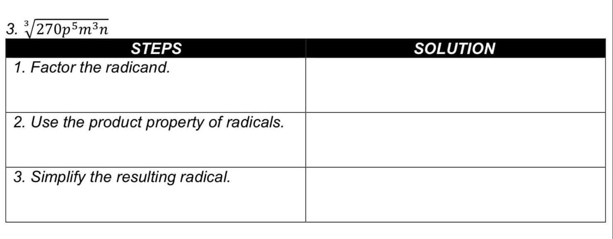 3. /270p5m³n
STEPS
SOLUTION
1. Factor the radicand.
2. Use the product property of radicals.
3. Simplify the resulting radical.
