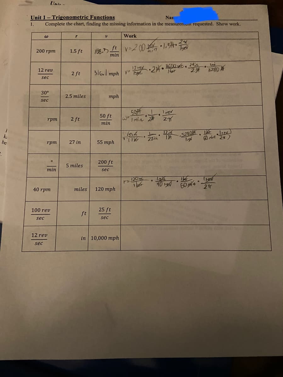 Unis
Unit 1- Trigonometric Functions
Complete the chart, finding the missing information in the measuren.ent requested. Show work.
Nam
1.
Work
188.5 ft v-2 00 1, 5H
200 rpm
1.5 ft
min
24in
Ien
12 rev
12rev
2 ft
316.1 mph v 2* 2280
sec
30°
2.5 miles
mph
sec
50开」
Irev
50 ft
2 ft
W-Tmin' 2 2
rpm
min
124
.5280H . 1E,Itc
k.
be
rpm
27 in
55 тph
200 ft
5 miles
min
sec
120M
ビニ
40 rpm
miles
120 mph
100 rev
25 ft
ft
sec
sec
12 rev
in 10,000 mph
sec
