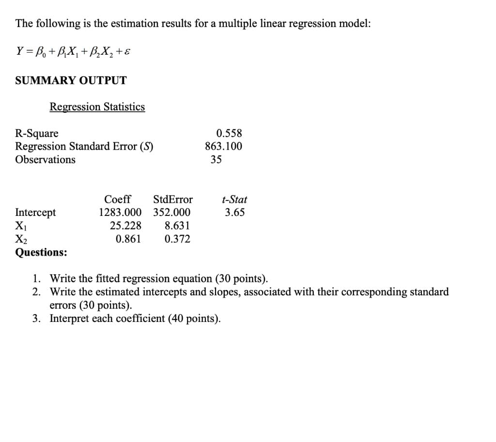 The following is the estimation results for a multiple linear regression model:
Y=B₁ + B₁X₁ + B₂X₂ + ε
SUMMARY OUTPUT
Regression Statistics
R-Square
Regression Standard Error (S)
Observations
Coeff
StdError
1283.000 352.000
25.228
0.861
0.558
863.100
35
8.631
0.372
t-Stat
3.65
Intercept
X₁
X₂
Questions:
1.
Write the fitted regression equation (30 points).
2. Write the estimated intercepts and slopes, associated with their corresponding standard
errors (30 points).
3. Interpret each coefficient (40 points).