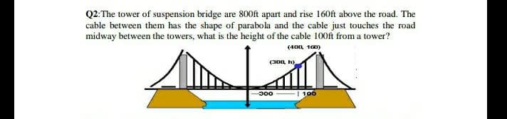 Q2:The tower of suspension bridge are 800ft apart and rise 160ft above the road. The
cable between them has the shape of parabola and the cable just touches the road
midway between the towers, what is the height of the cable 100fi from a tower?
(400, 160)
(300, h)
300
I 100
