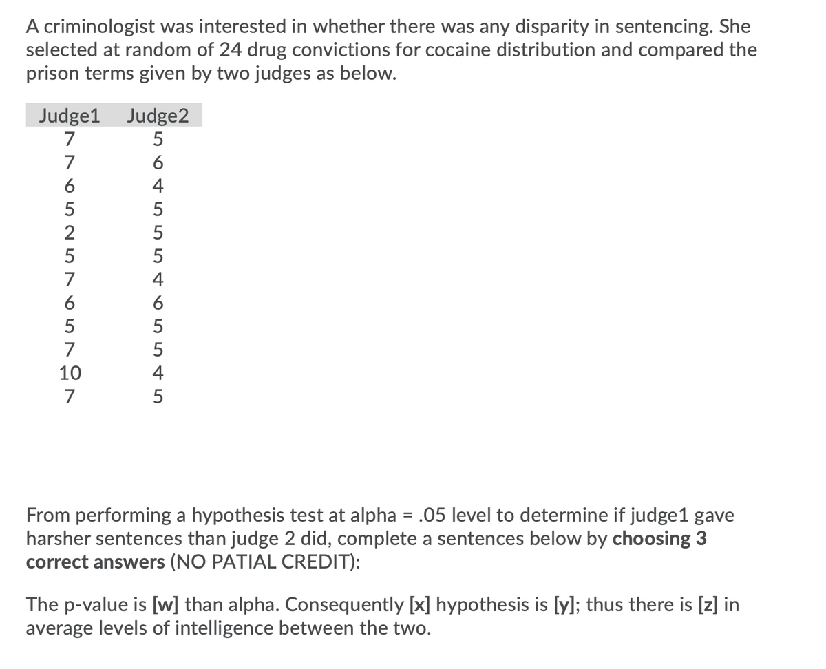 A criminologist was interested in whether there was any disparity in sentencing. She
selected at random of 24 drug convictions for cocaine distribution and compared the
prison terms given by two judges as below.
Judge1 Judge2
7
7
6
6
4
2
5
7
4
6
6
7
10
4
7
From performing a hypothesis test at alpha = .05 level to determine if judge1 gave
harsher sentences than judge 2 did, complete a sentences below by choosing 3
correct answers (NO PATIAL CREDIT):
The p-value is [w] than alpha. Consequently [x] hypothesis is [y]; thus there is [z] in
average levels of intelligence between the two.
