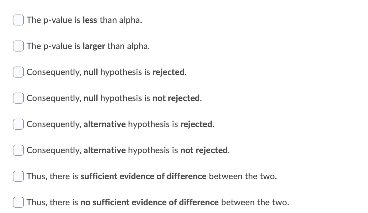 The p-value is less than alpha.
The p-value is larger than alpha.
Consequently, null hypothesis is rejected.
Consequently, null hypothesis is not rejected.
Consequently, alternative hypothesis is rejected.
Consequently, alternative hypothesis is not rejected.
Thus, there is sufficient evidence of difference between the two.
Thus, there is no sufficient evidence of difference between the two.
