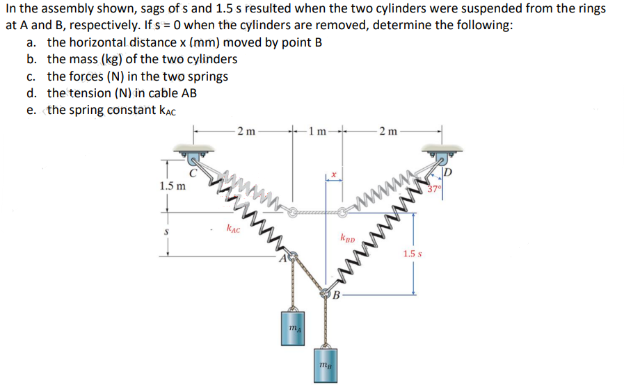 In the assembly shown, sags of s and 1.5 s resulted when the two cylinders were suspended from the rings
at A and B, respectively. If s = 0 when the cylinders are removed, determine the following:
a. the horizontal distance x (mm) moved by point B
b. the mass (kg) of the two cylinders
c. the forces (N) in the two springs
d. the tension (N) in cable AB
e. the spring constant kac
- 2 m
-1m
- 2 m
|D
wwww
www
www
1.5 m
kBD
kac
1.5 s
