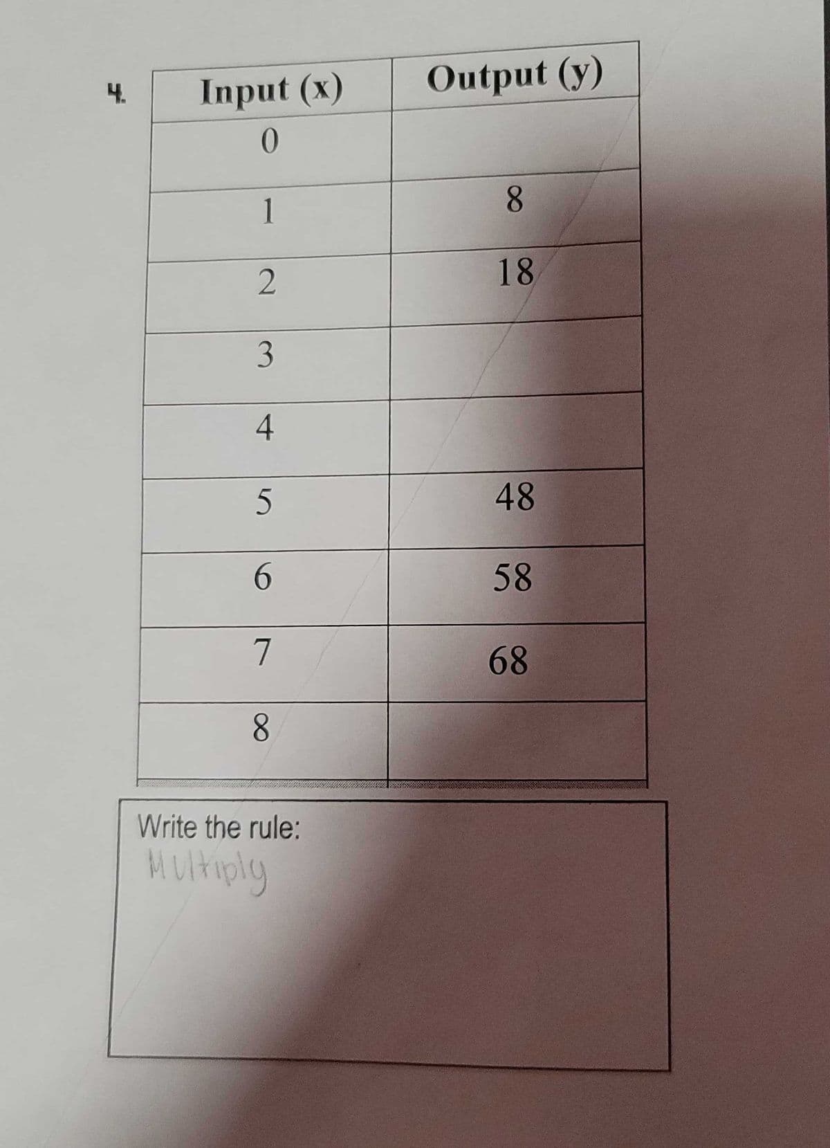 Input (x)
Output (y)
4.
1
8.
18
3
4
48
6.
58
7
68
8.
Write the rule:
MUltuply
